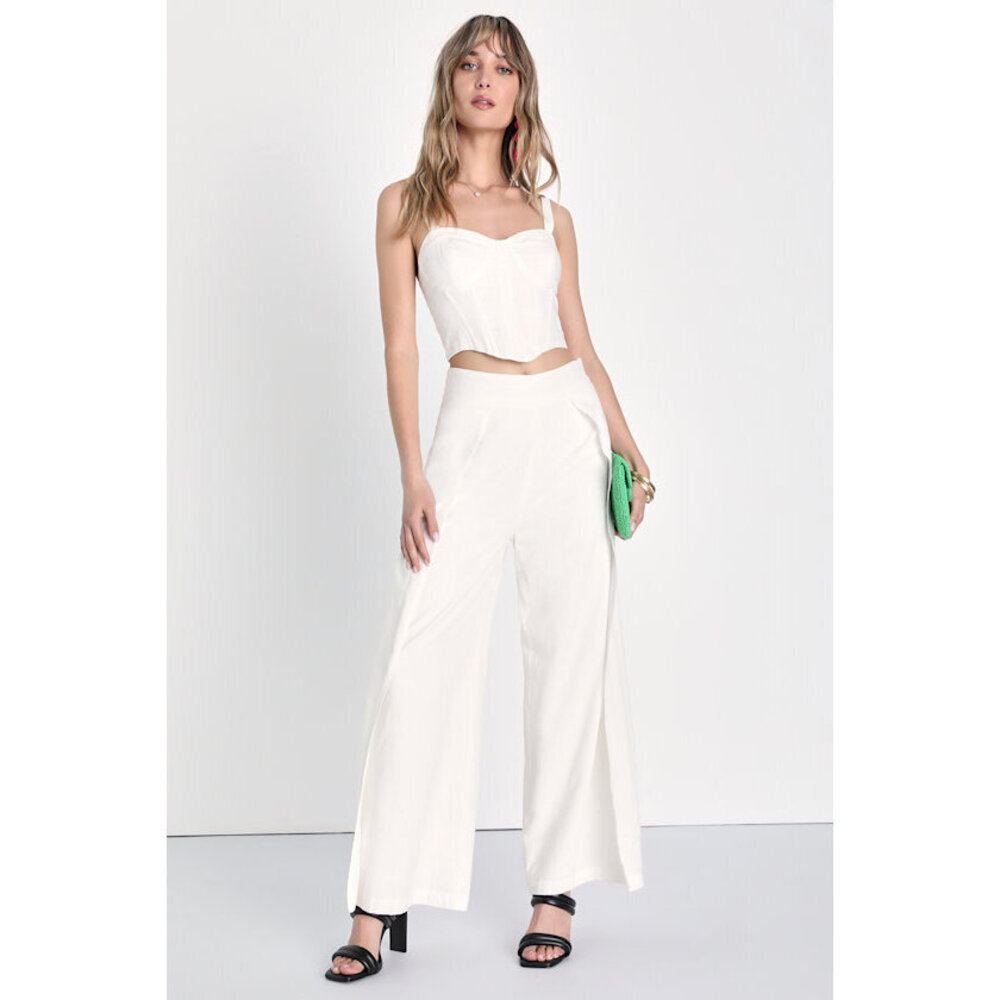 Lulus Easygoing Sweetie Ivory Jacquard Flyaway Wide Leg Pants White - Size M